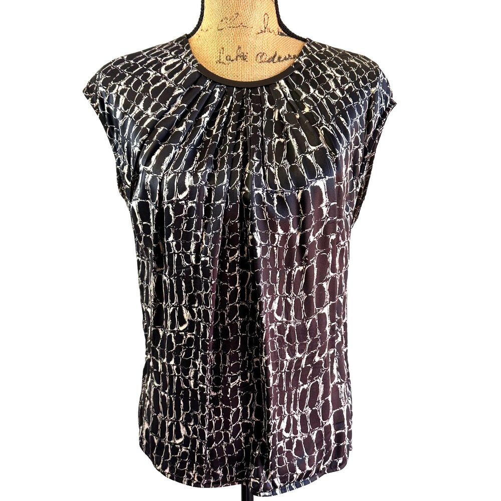 George Rech Women Black White Alligator Print Sleeveless Silk Blouse Top Sz 38/M